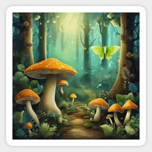 Magic Mushroom Forest with Luna Moth in Moonlight Sticker